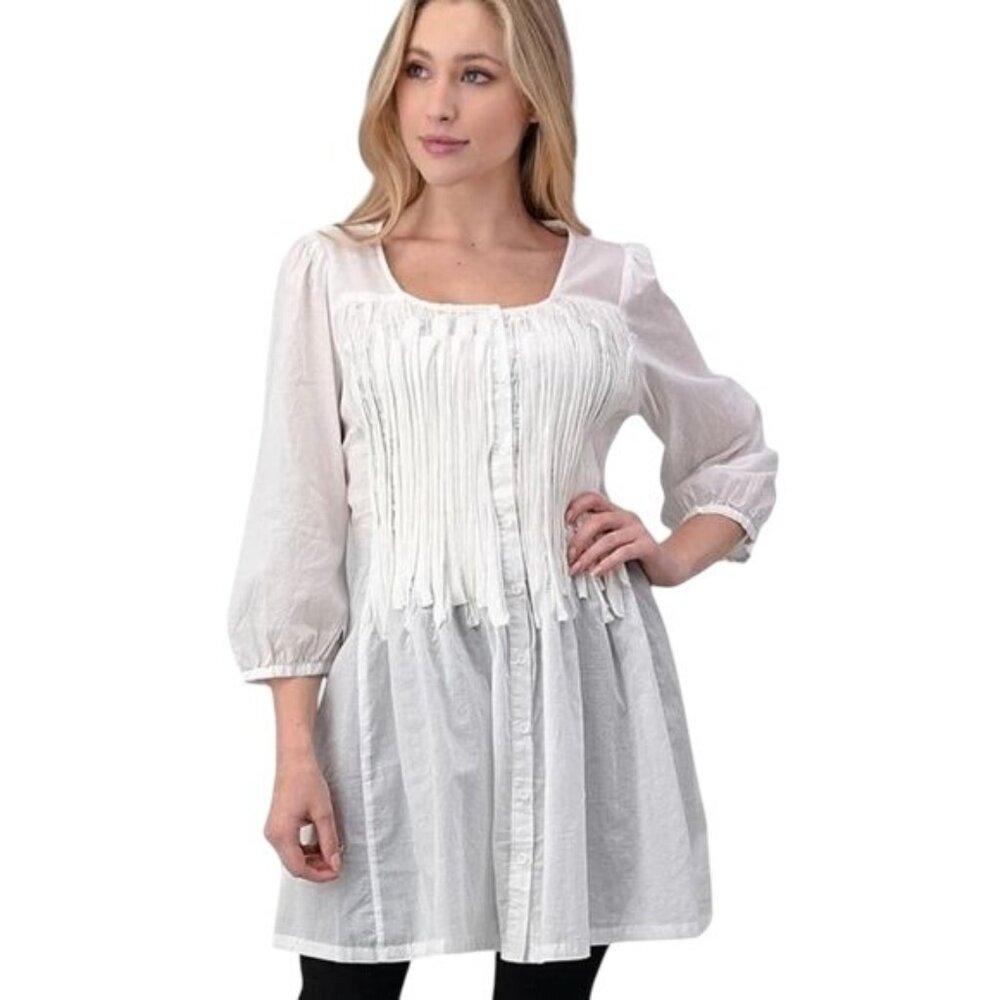 MonoReno Women’s 3/4 Sleeve Woven Smocked Button Down Tunic Dress White L